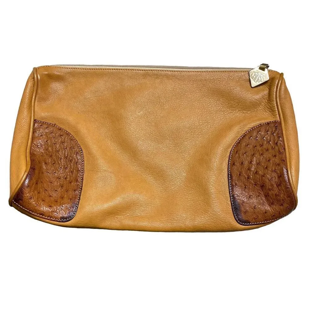 Mark Cross Vintage Clutch Bag Purse Beige Leather Ostrich Trim Dust Bag